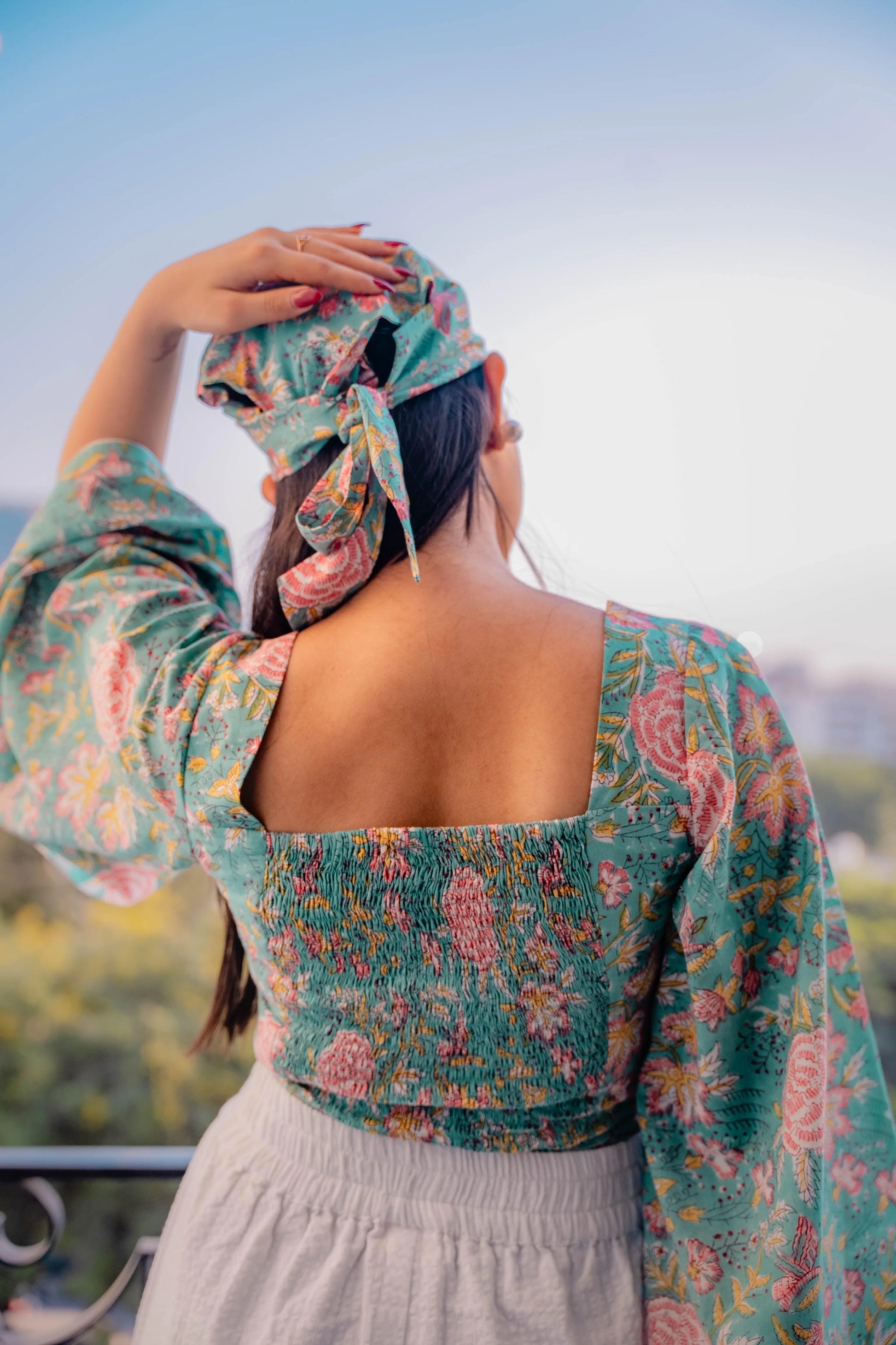 Green Floral Bell Sleeves Top - Odhanon