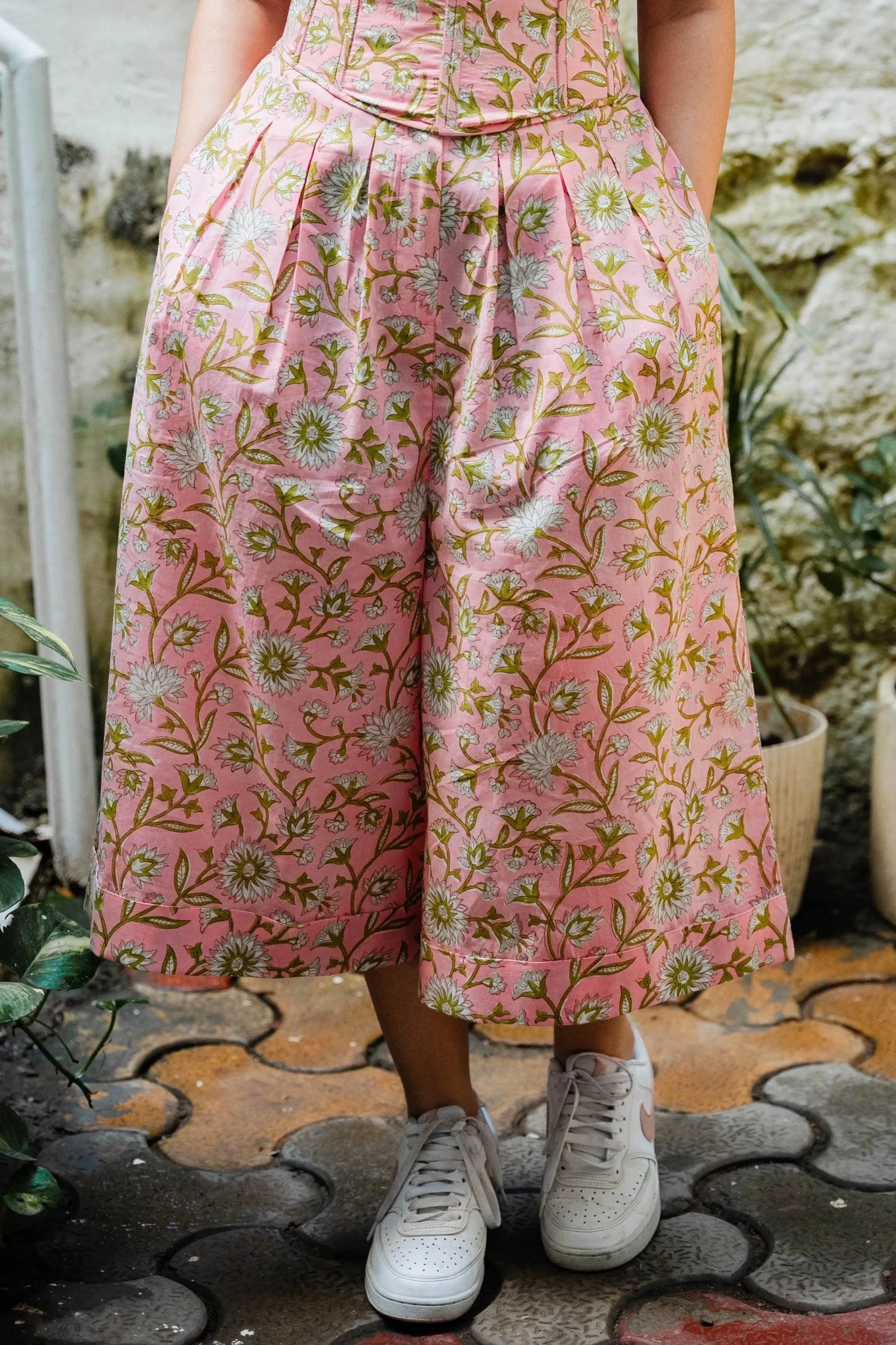 Shop Pink Floral Wide Leg Culottes - Odhanon