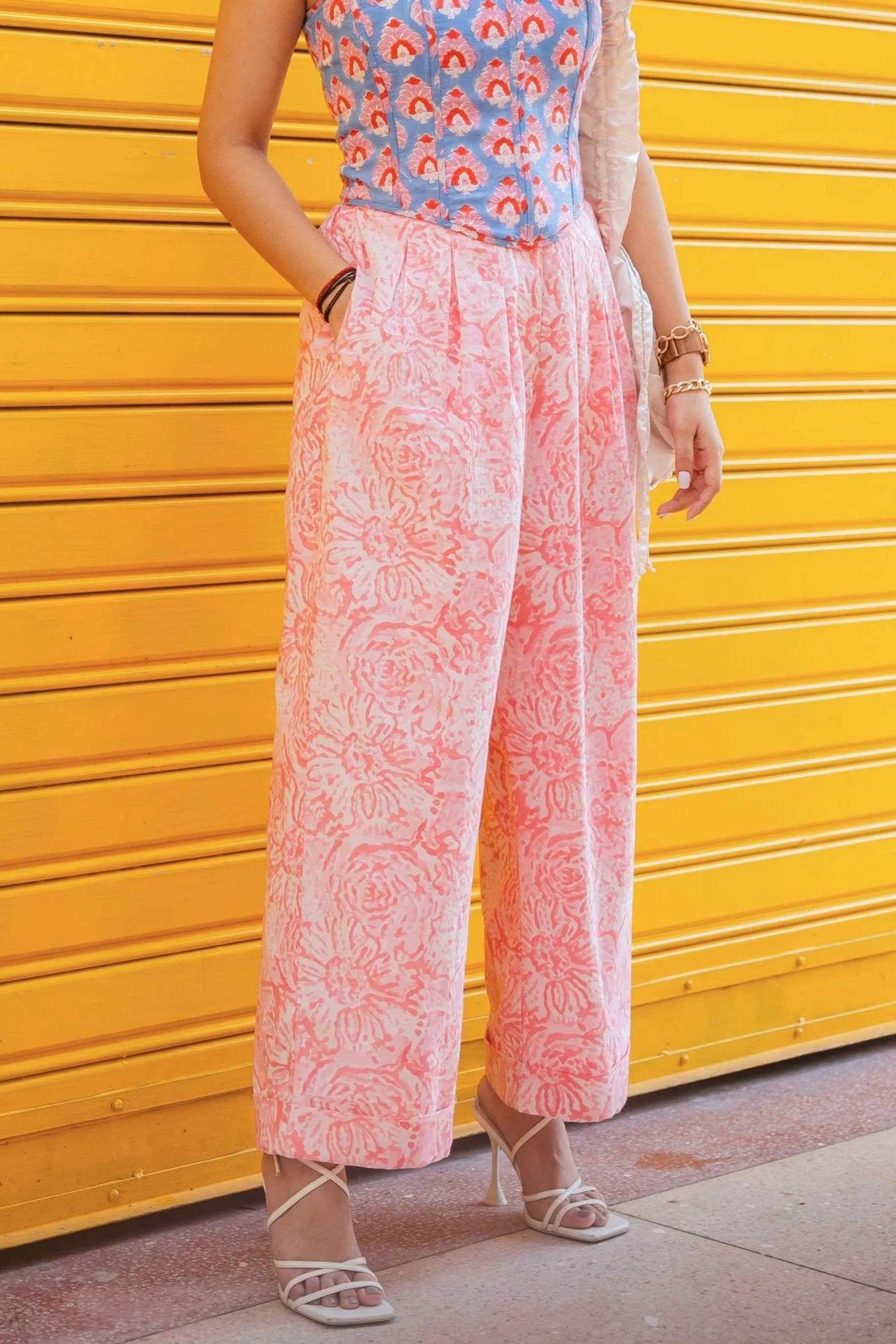 Pink Floral Wide-Leg Pants - Main Image
