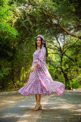 Purple Flared Floral Dress - Odhanon
