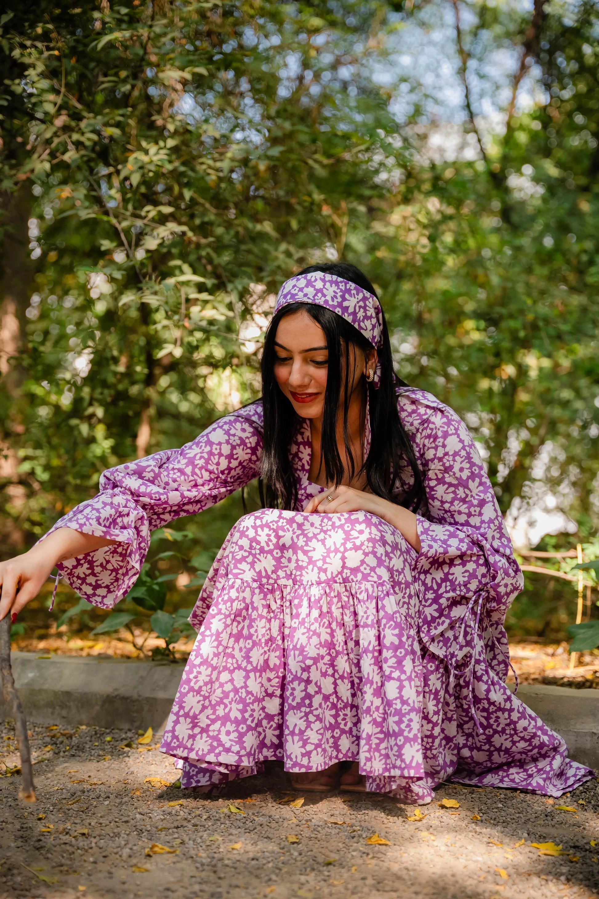 Purple Flared Floral Dress - Odhanon