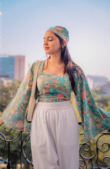 Green Floral Bell Sleeves Top