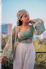 Green Floral Bell Sleeves Top