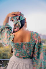 Green Floral Bell Sleeves Top