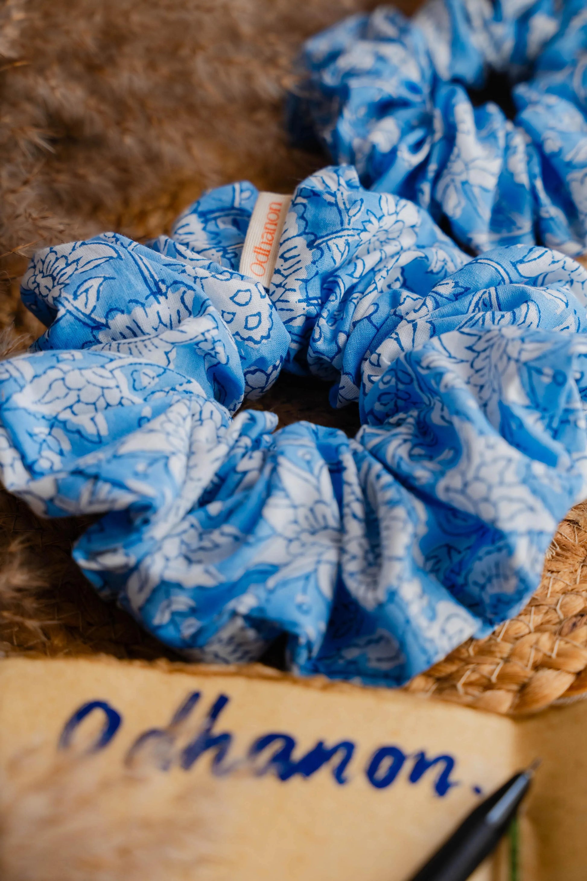Blue Floral Cotton Scrunchie - Odhanon