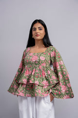 Green Floral Peplum Top