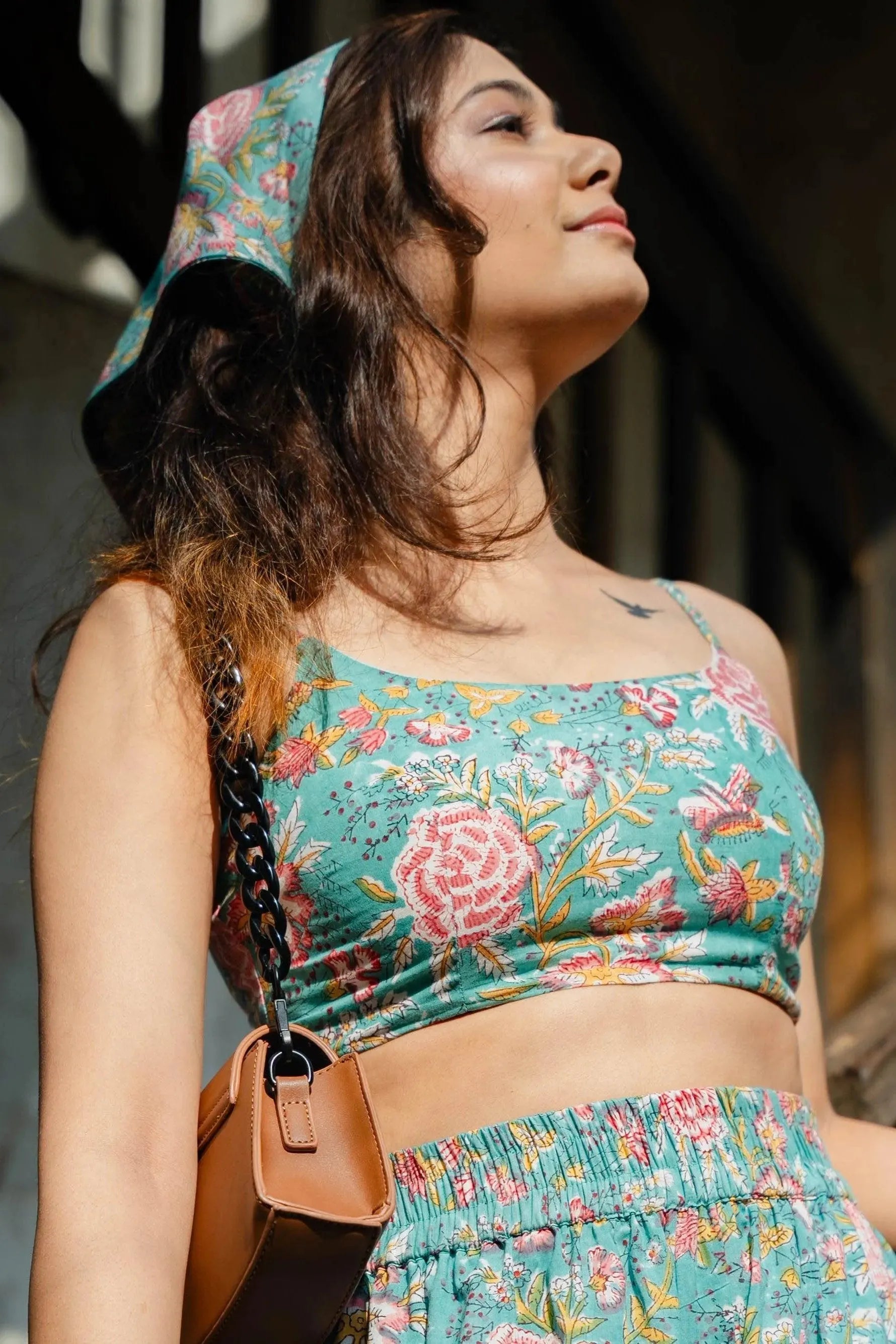Green Floral Coord Set with Crop Top for Women