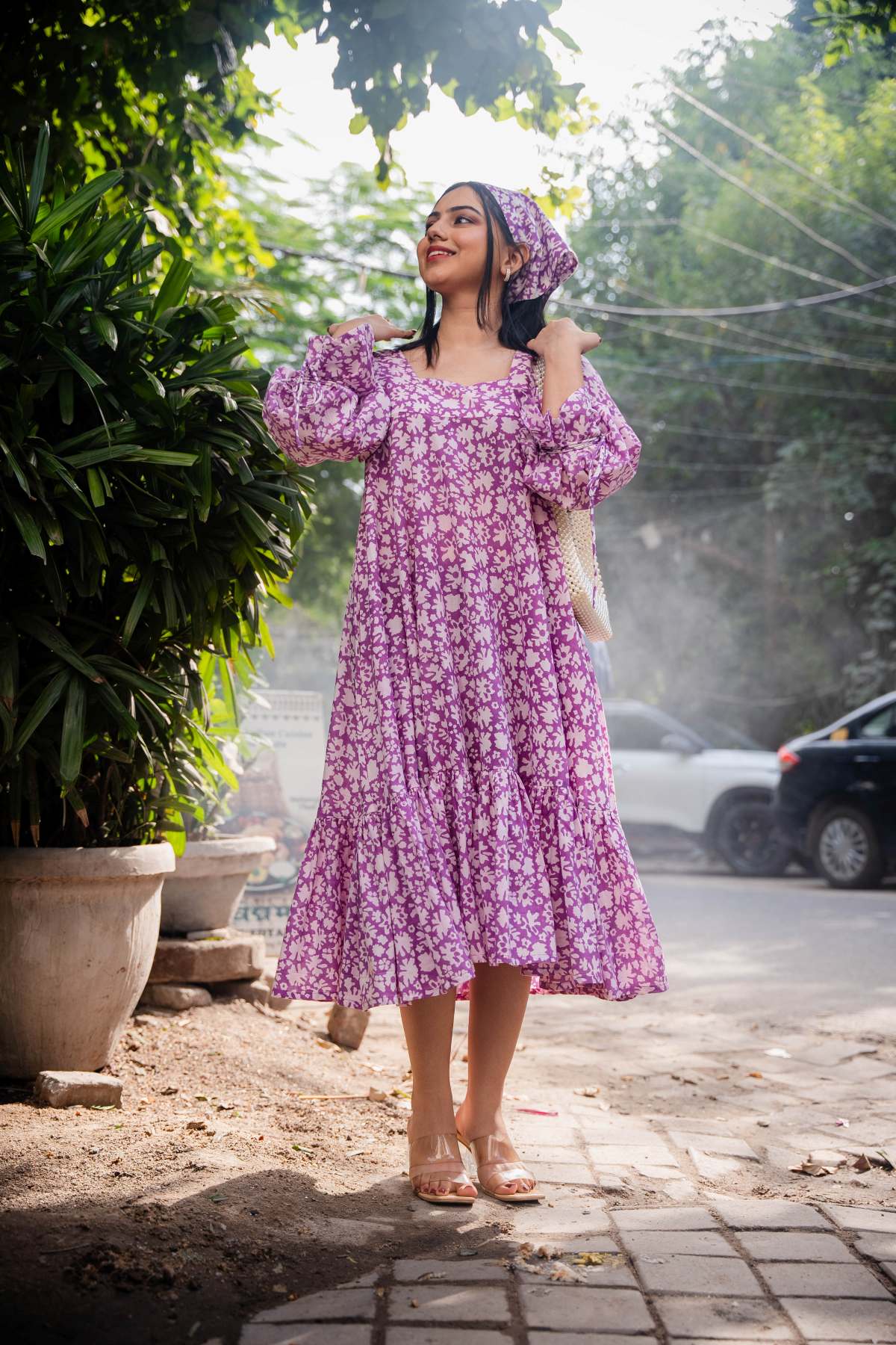 Purple Flared Dress with Bell Sleeves & Ruffle Hem - Chic Style Odhanon Purple Flared Dress with Bell Sleeves & Ruffle Hem - Chic Style Odhanon