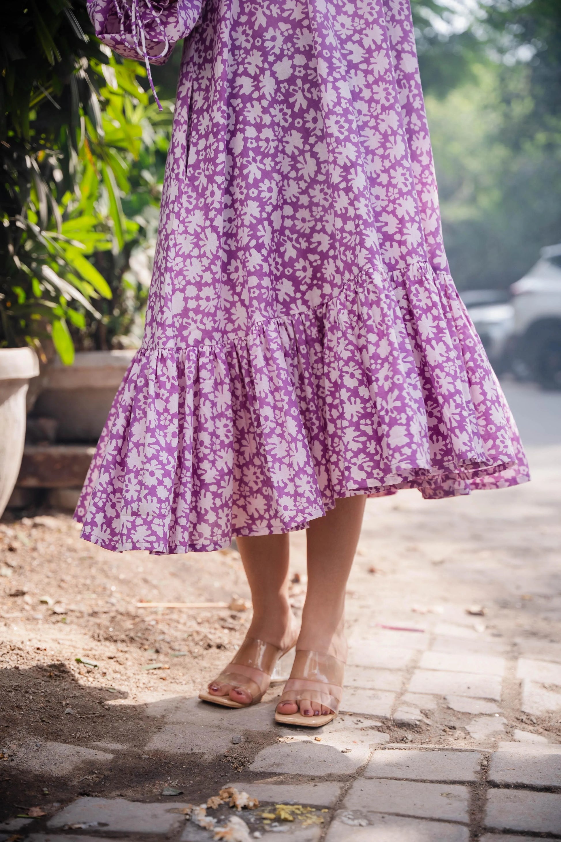 Purple Flared Floral Dress - Odhanon