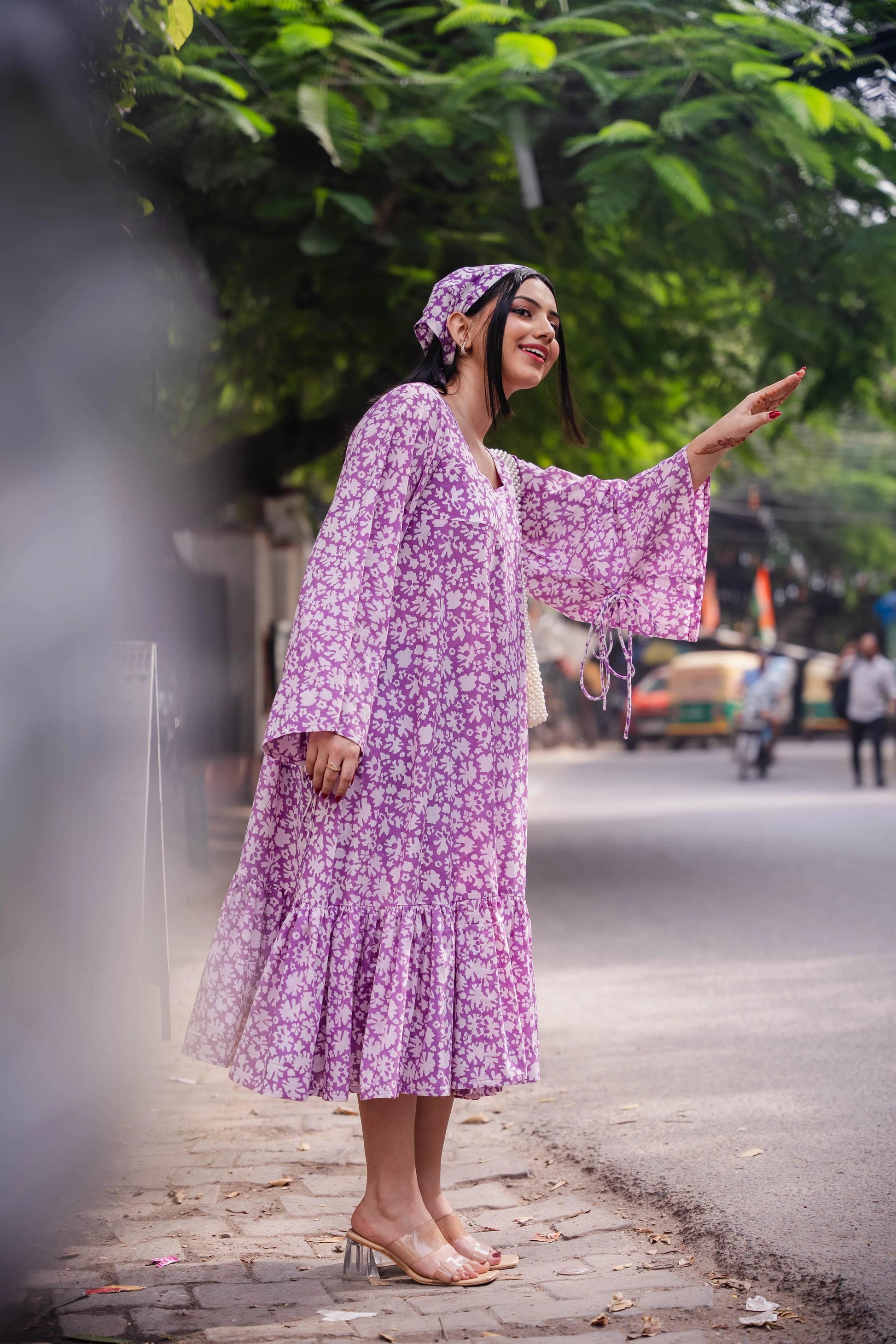 Purple Flared Floral Dress - Odhanon