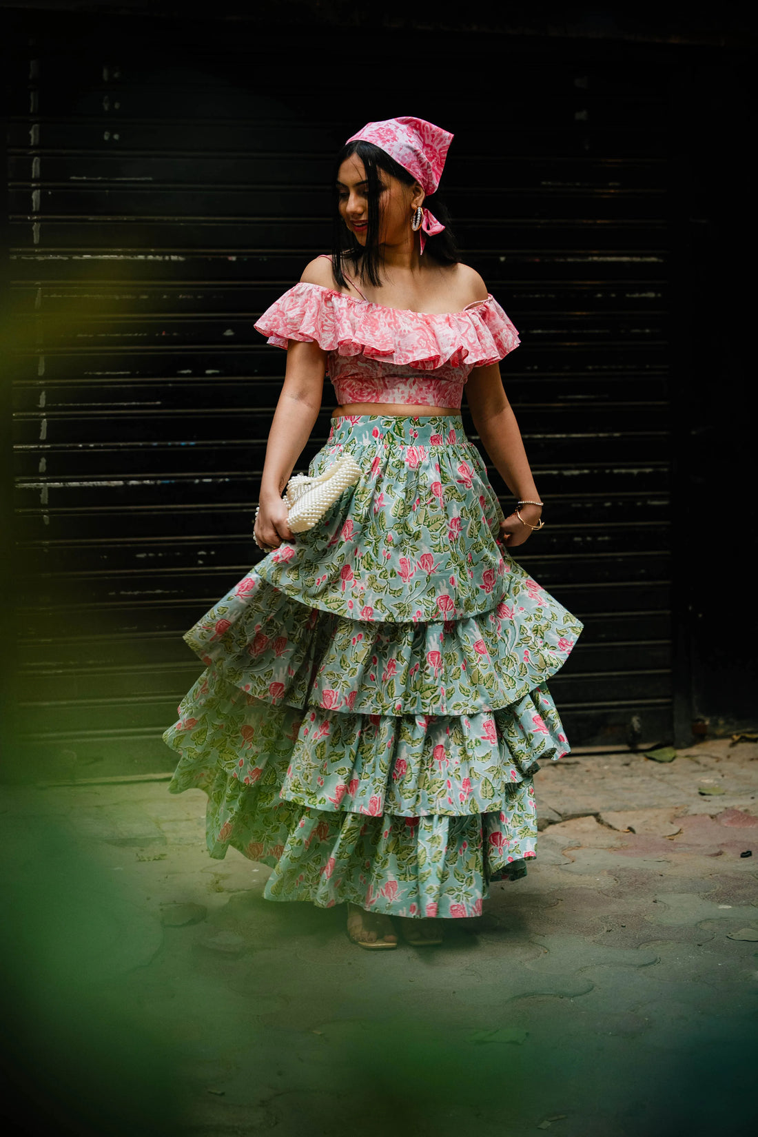 Blue Printed Floral Flared Skirt - Odhanon