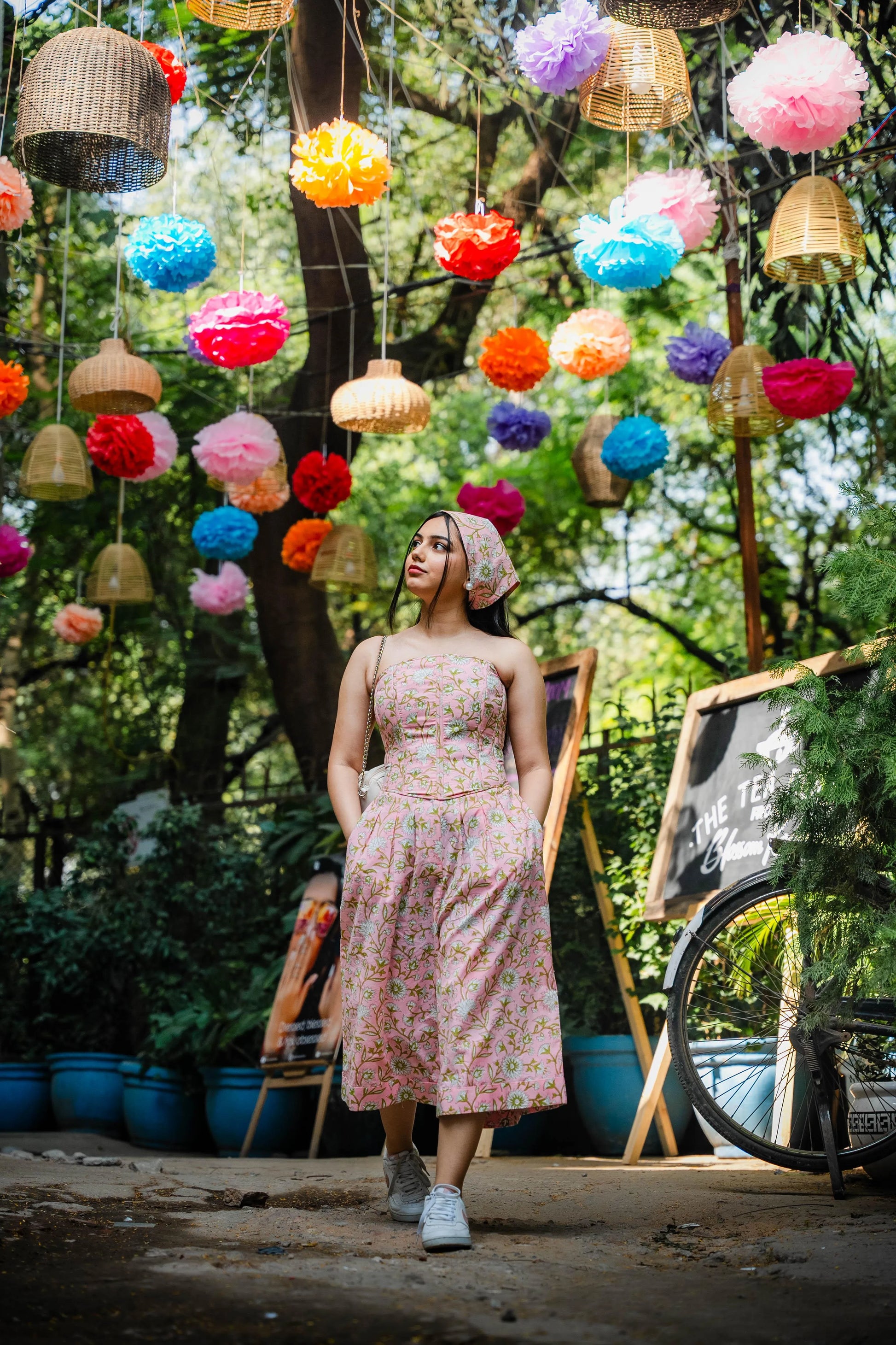 Shop Pink Floral Wide Leg Culottes with cotton Bandana 