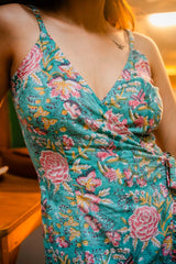 Green Floral Tie-Up Wrap Dress