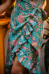 Green Floral Tie-Up Wrap Dress