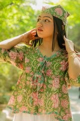 Green Floral Tie-Up Top - Odhanon