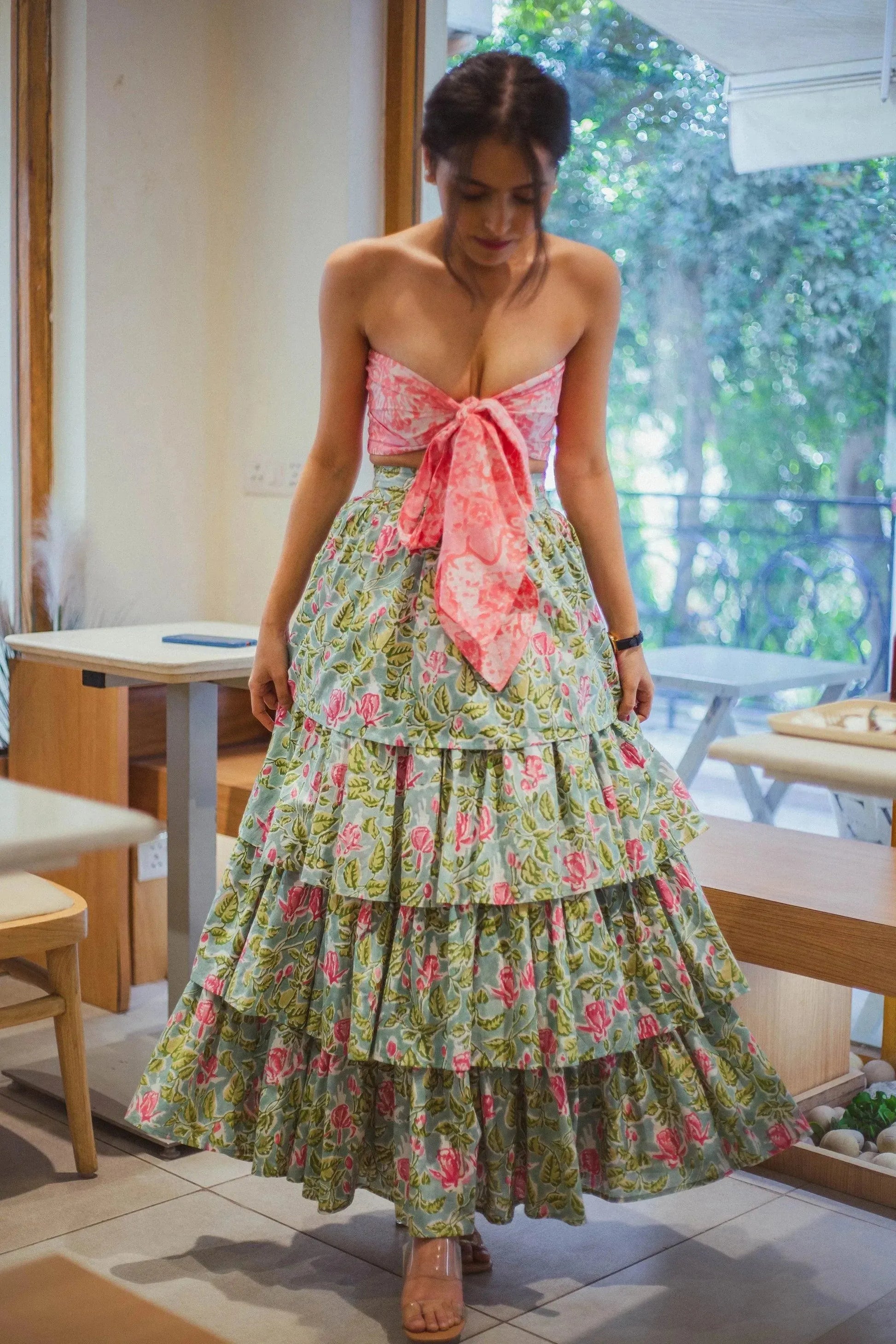 Green Printed Floral Flared Skirt - Odhanon
