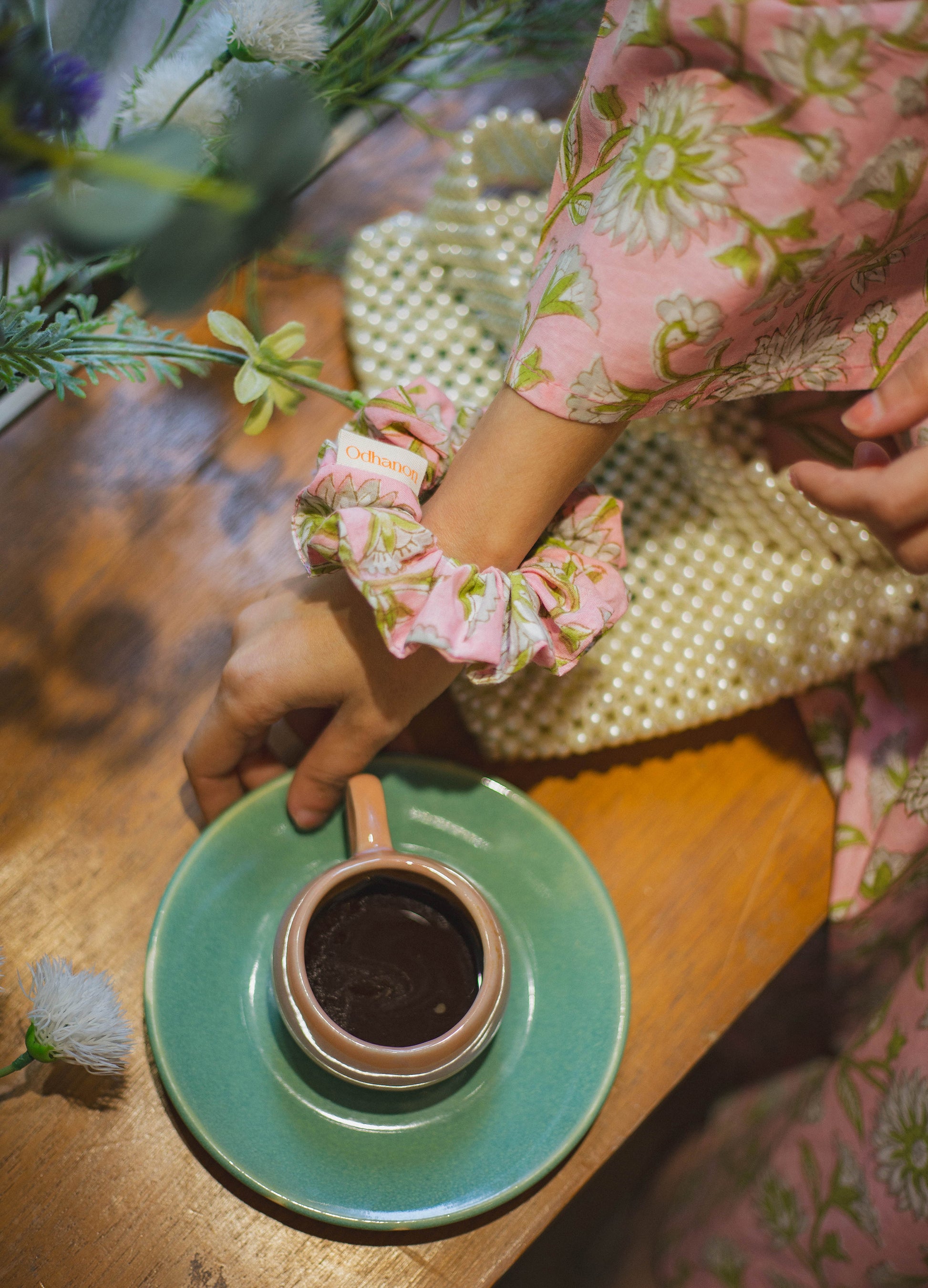 Pink Floral Printed Scrunchy