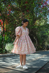Pink Florals Short Dress With Puff Sleeves