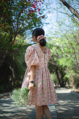 Pink Florals Short Dress With Puff Sleeves