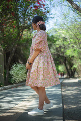 Pink Florals Short Dress With Puff Sleeves