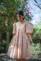 Pink Florals Short Dress With Puff Sleeves