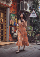 Orange Floral Bow Printed Dress