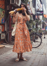 Orange Floral Bow Printed Dress