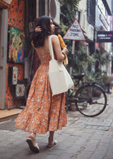 Orange Floral Bow Printed Dress