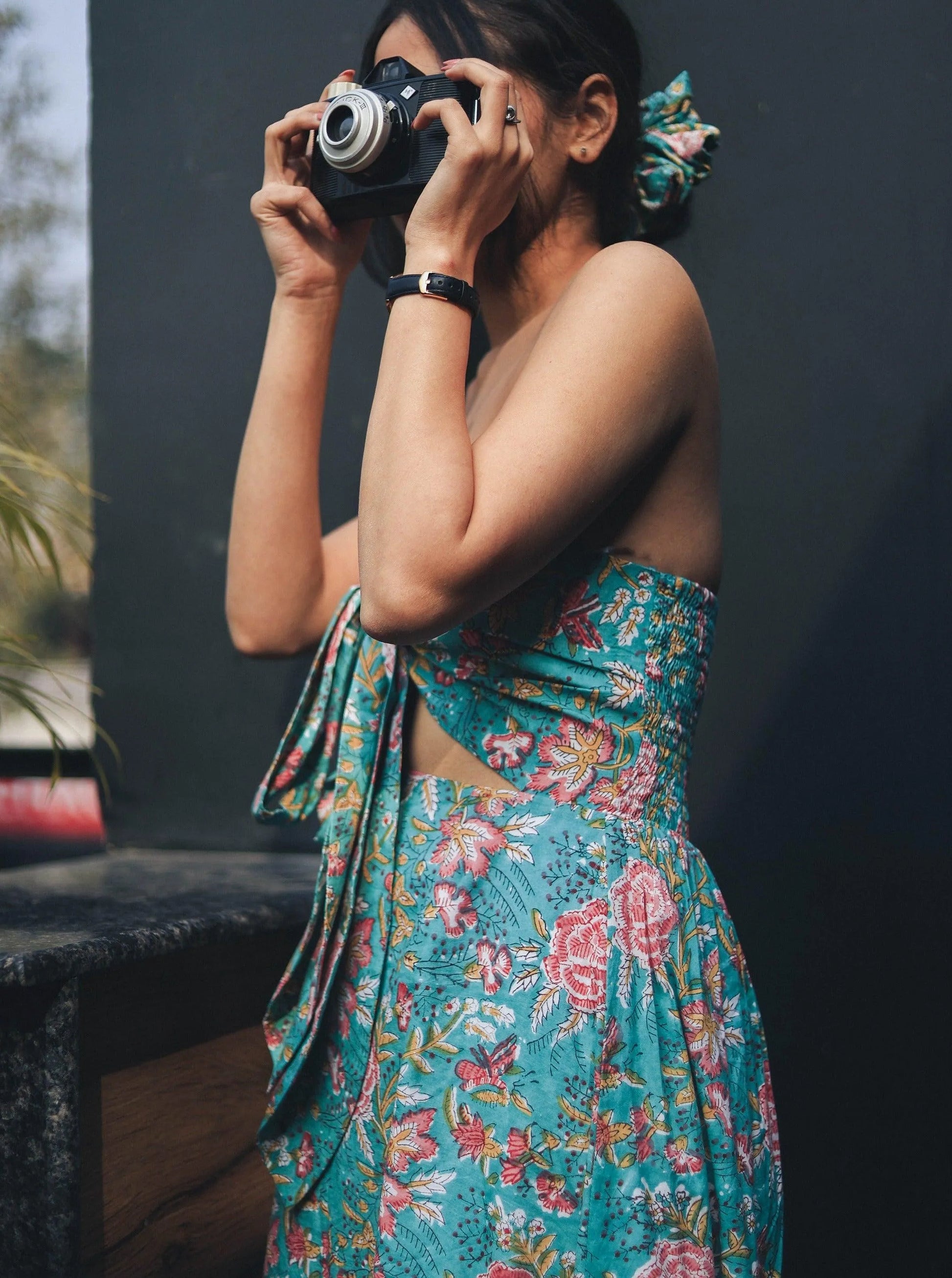 Green Florals Bow Dress - Odhanon